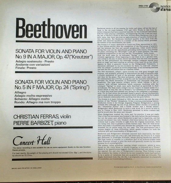Beethoven*, Christian Ferras, Pierre Barbizet : Two Sonatas For Violin And Piano (LP)