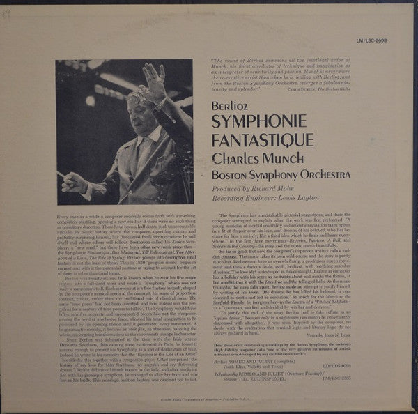 Hector Berlioz, Charles Munch / Boston Symphony Orchestra : Symphonie Fantastique (LP, Album, Mono)