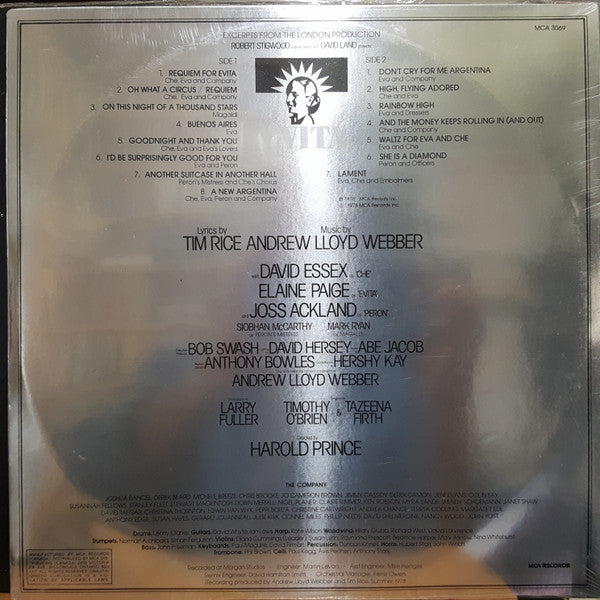 Andrew Lloyd Webber And Tim Rice, David Essex, Elaine Paige, Joss Ackland & Harold Prince : Evita: Original London Cast Recording (LP, Gat)