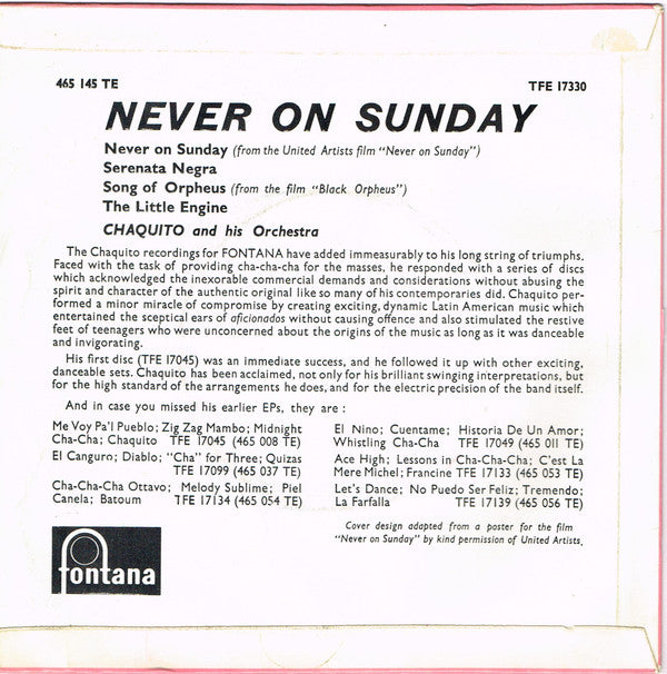 Chaquito And His Orchestra : Never On Sunday (7", EP)