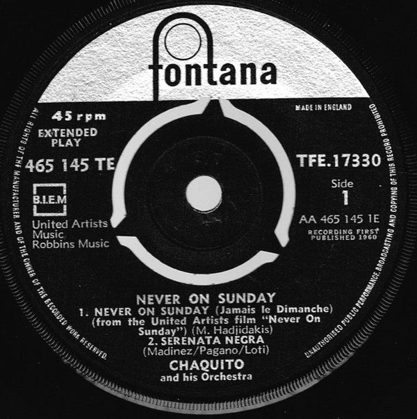 Chaquito And His Orchestra : Never On Sunday (7", EP)