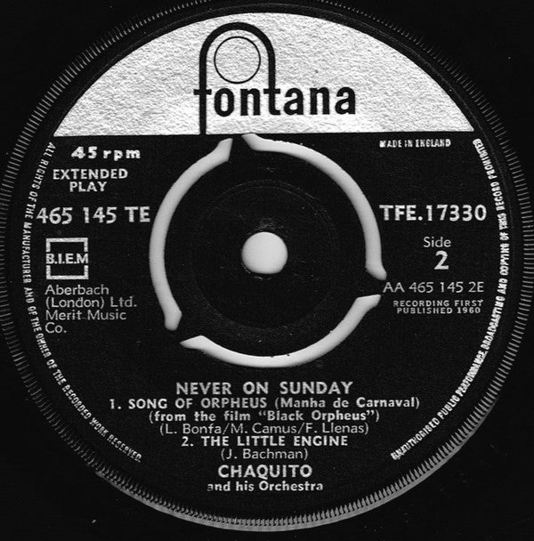 Chaquito And His Orchestra : Never On Sunday (7", EP)