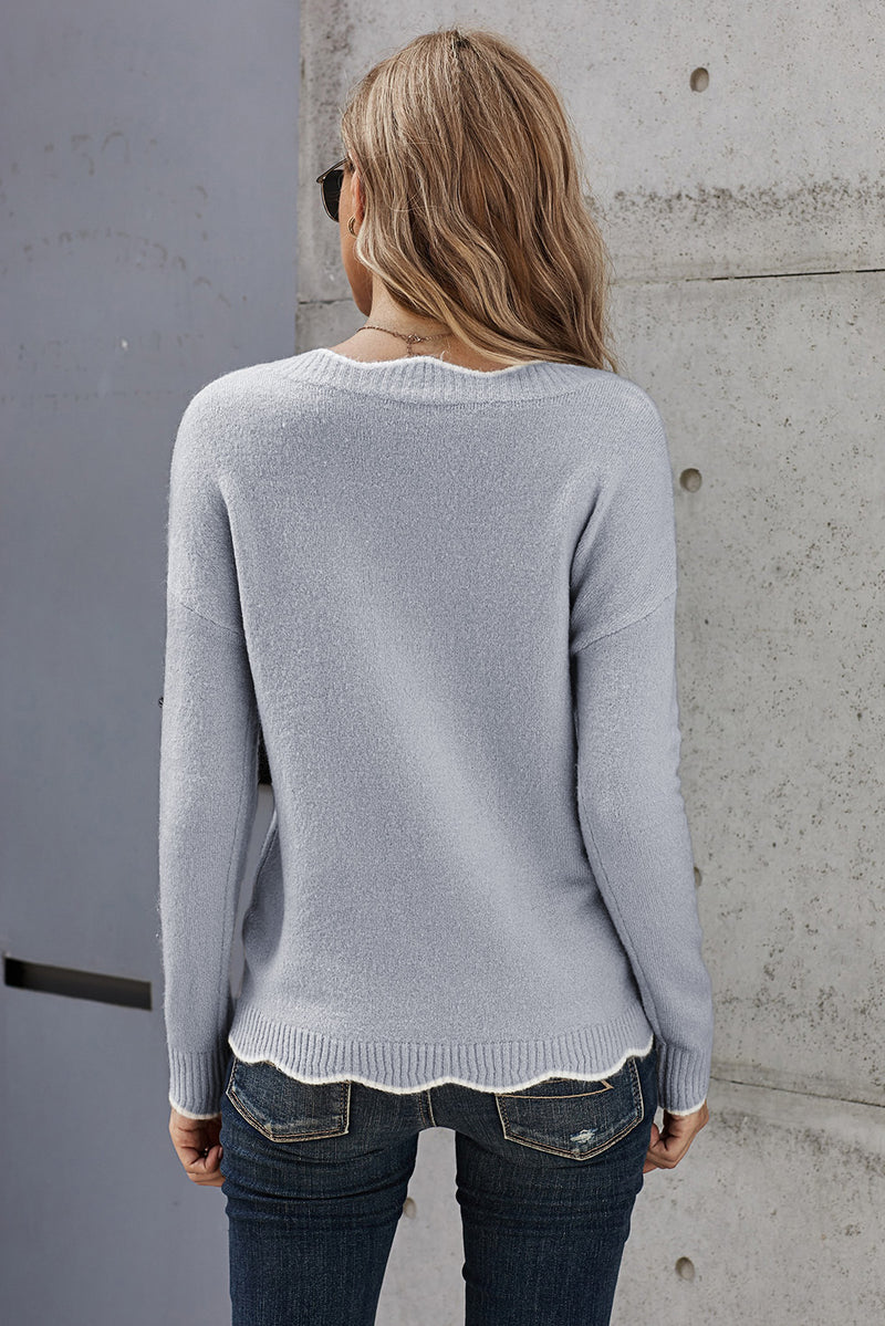 Gray Wavy V-neck Sweater
