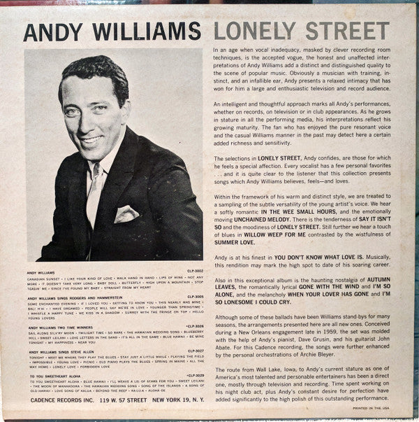 Andy Williams : Lonely Street (LP, Album, Mono)