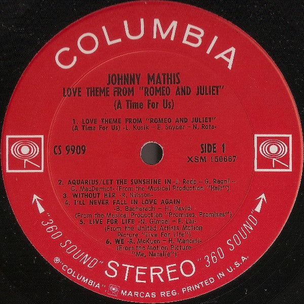 Johnny Mathis : Love Theme From "Romeo And Juliet" (A Time For Us) (LP, Album, Ter)