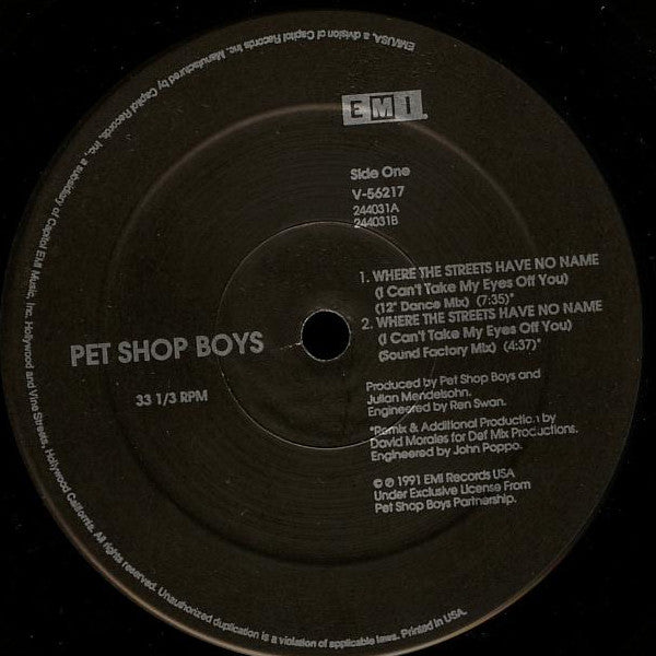 Pet Shop Boys : Where The Streets Have No Name (I Can't Take My Eyes Off You) (12", Single)