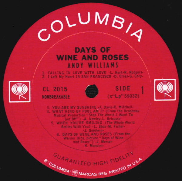 Andy Williams : Days Of Wine And Roses (LP, Album, Mono, Pit)