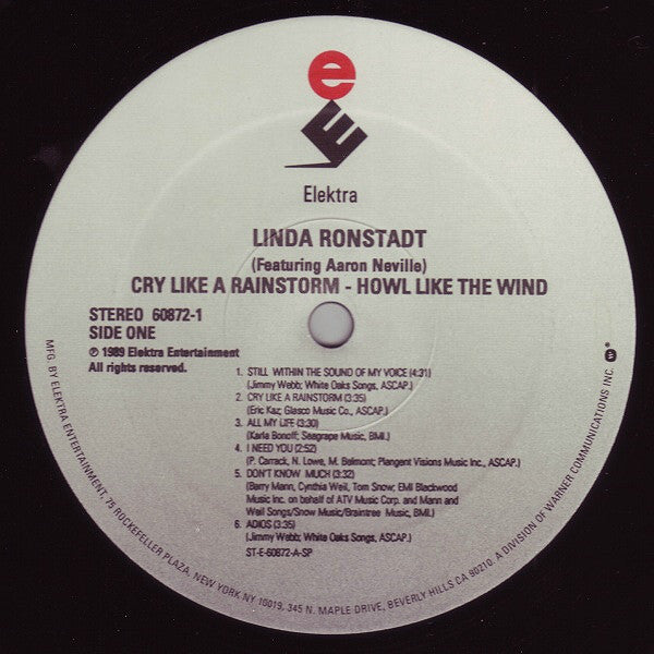 Linda Ronstadt Featuring Aaron Neville : Cry Like A Rainstorm - Howl Like The Wind (LP, Album)