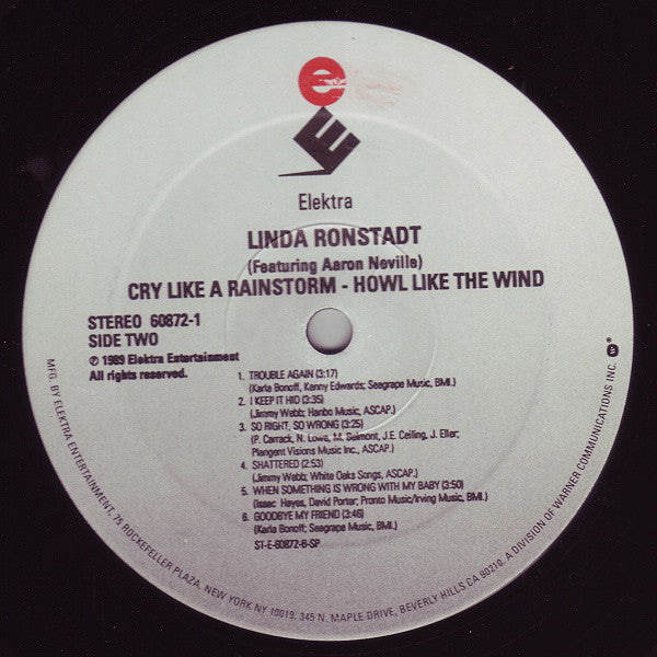Linda Ronstadt Featuring Aaron Neville : Cry Like A Rainstorm - Howl Like The Wind (LP, Album)