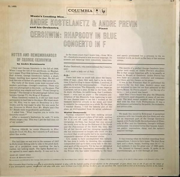 André Kostelanetz And His Orchestra, André Previn - George Gershwin : Rhapsody In Blue, Concerto In F (LP, Album)