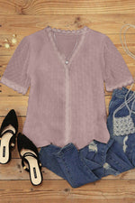 Lace Splicing V-Neck Swiss Dot Top