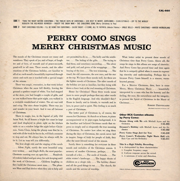 Perry Como : Perry Como Sings Merry Christmas Music (LP, Album, Mono)