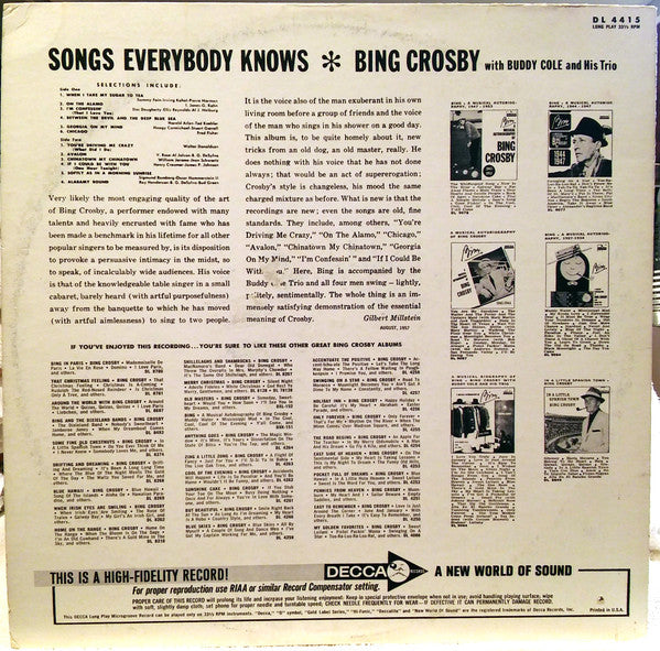 Bing Crosby, The Buddy Cole Trio : Songs Everybody Knows (LP, Album, Mono, RE)
