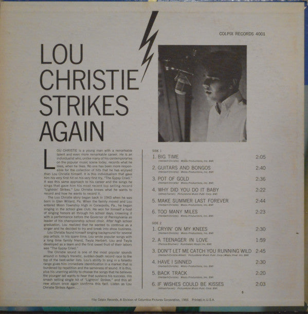 Lou Christie : Lou Christie Strikes Again (LP, Album)