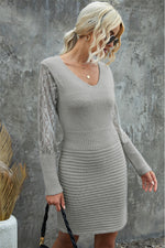 Lace Sleeve V-Neck Knit Dress