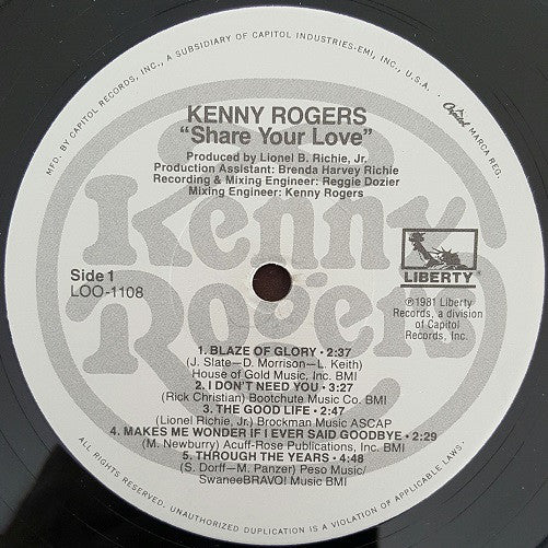 Kenny Rogers : Share Your Love (LP, Album, Jac)