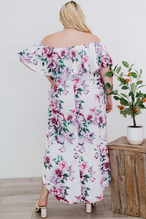 Plus Size Floral Off-Shoulder Side Slit Layered Dress