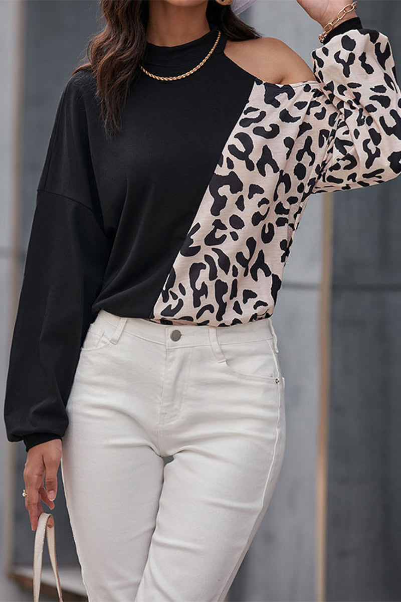 Two-Tone Leopard Open Shoulder Sweater